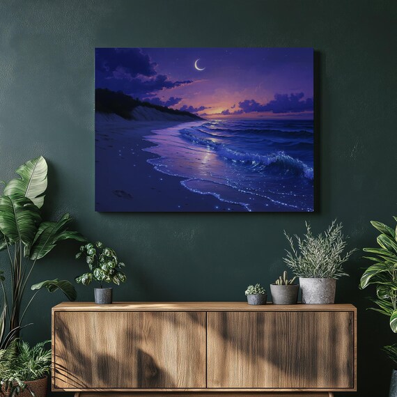 Bioluminescent Beach Night Moonlit Waves Glowing Canvas Wall Art