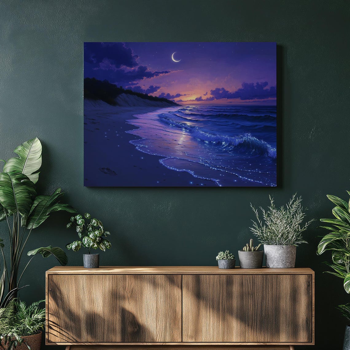 Bioluminescent Beach Night Moonlit Waves Glowing Canvas Wall Art