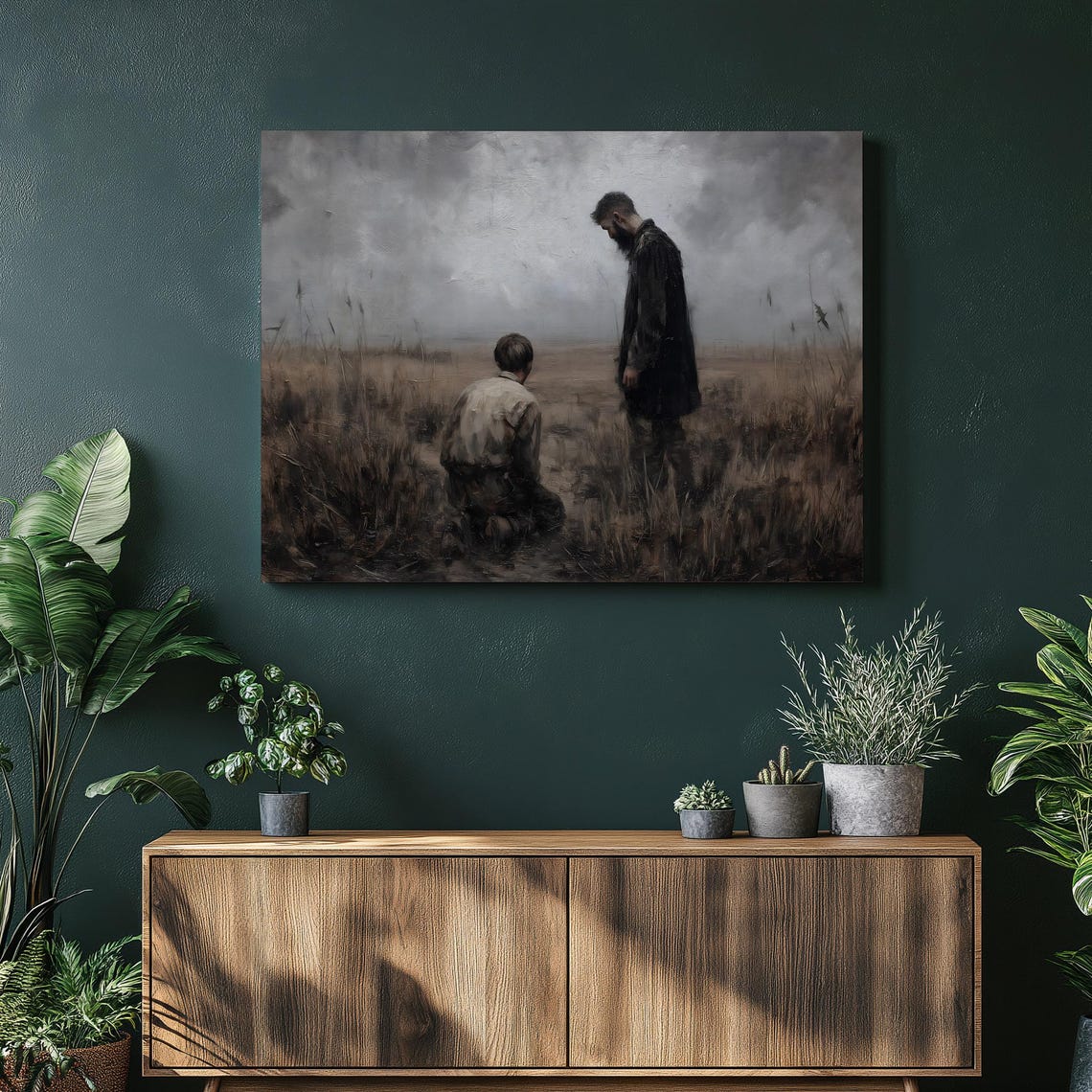 Father And Son Walking Through Golden Wheat Field Rustic Wall Art