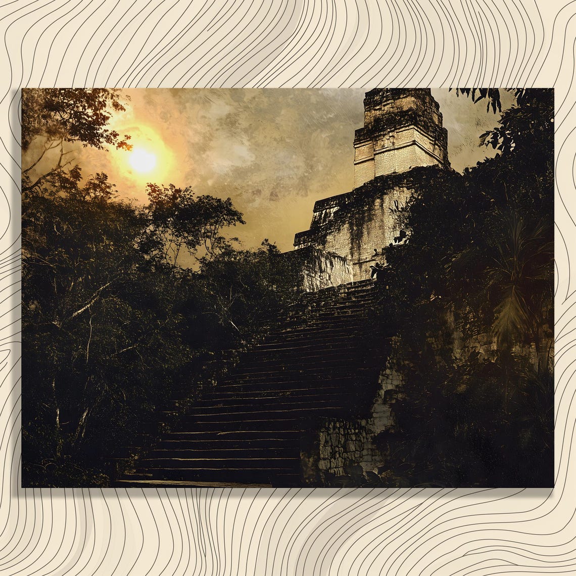 Ancient Mayan Temple Jungle Ruins Golden Sunset Canvas Wall Print