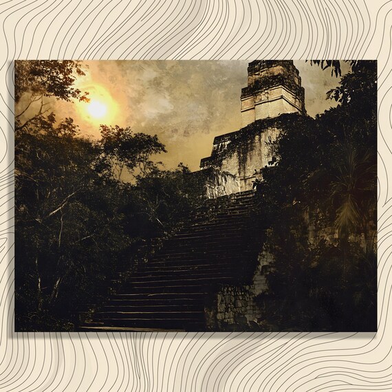 Ancient Mayan Temple Jungle Ruins Golden Sunset Canvas Wall Print