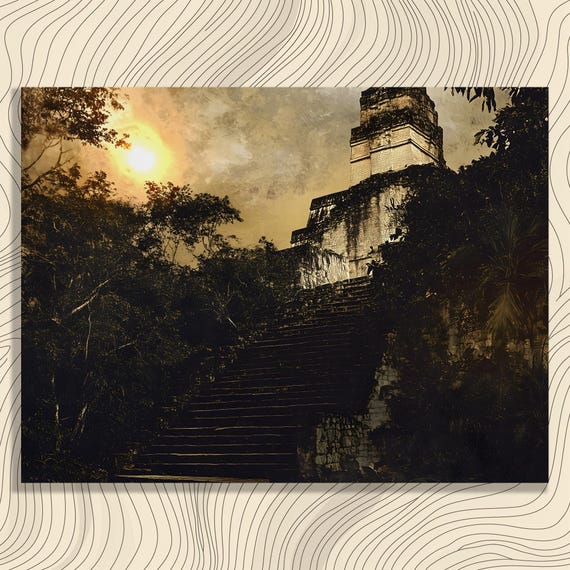 Mayan Temple Canvas Wall Art Tikal Guatemala Ancient Pyramid Ruins At Sunset In Jungle Historic Architecture Travel Decor Vintage Sepia