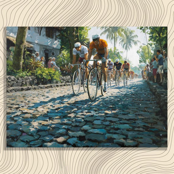 Cycling Race Tropical Canvas Wall Art Impressionist Bicycle Riders Palm Lined Village Spectators Cobblestone Street Colorful Decor