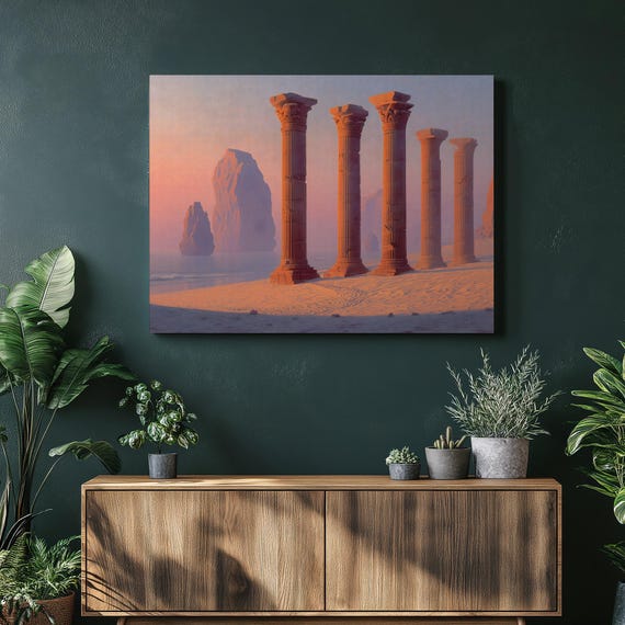 Sunset Seascape Ruins Canvas Wall Art Ancient Column Beach Scene Classic Coastal Decor Rock Formations Pastel Sky Timeless Architecture