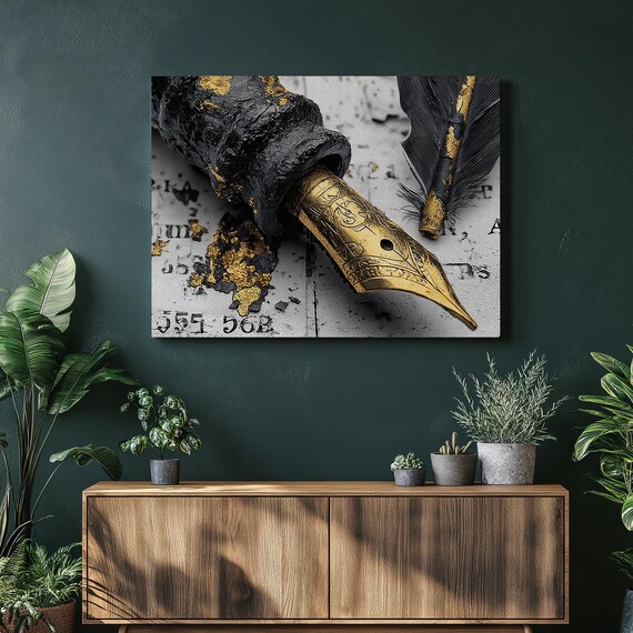 Golden Fountain Pen Vintage Luxury Writing Instrument Art Poster