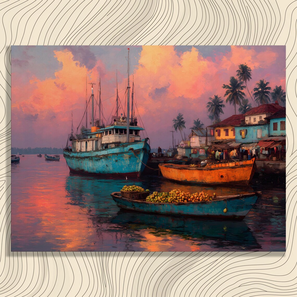Tropical Harbor Sunset Fishing Boats Fruit Colorful Canvas Wall Art