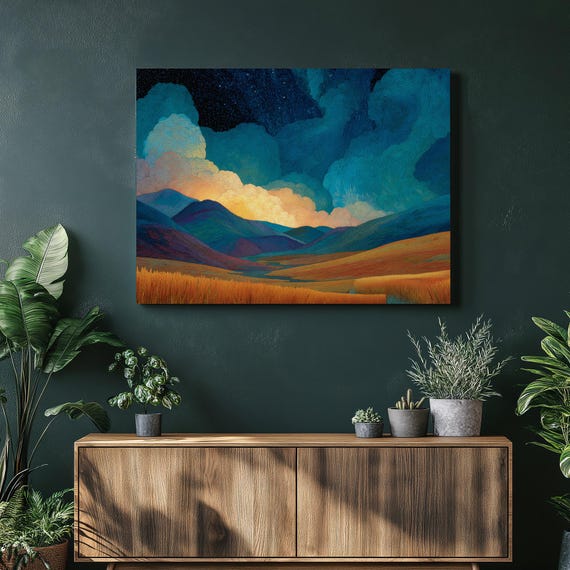 Wheat Field Landscape Canvas Wall Art Golden Mountain Vista Nature Scene Print Panoramic Rural Decor Starry Sky Swirling Clouds