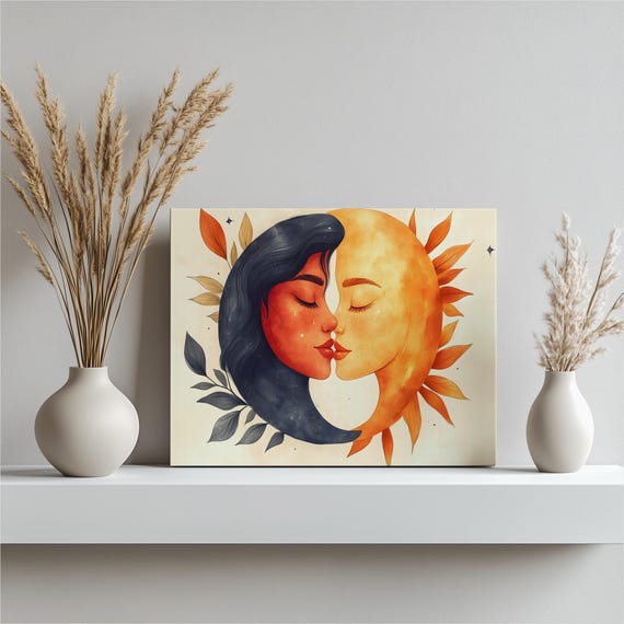 Sun And Moon Canvas Wall Art Boho Celestial Lovers Illustration In Earthy Tones