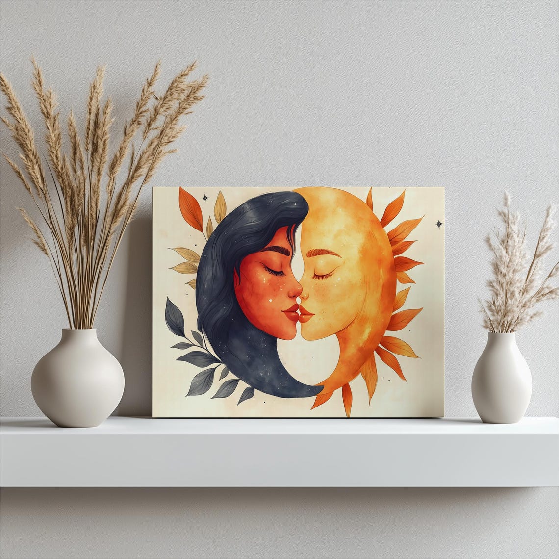 Sun And Moon Canvas Wall Art Boho Celestial Lovers Illustration In Earthy Tones