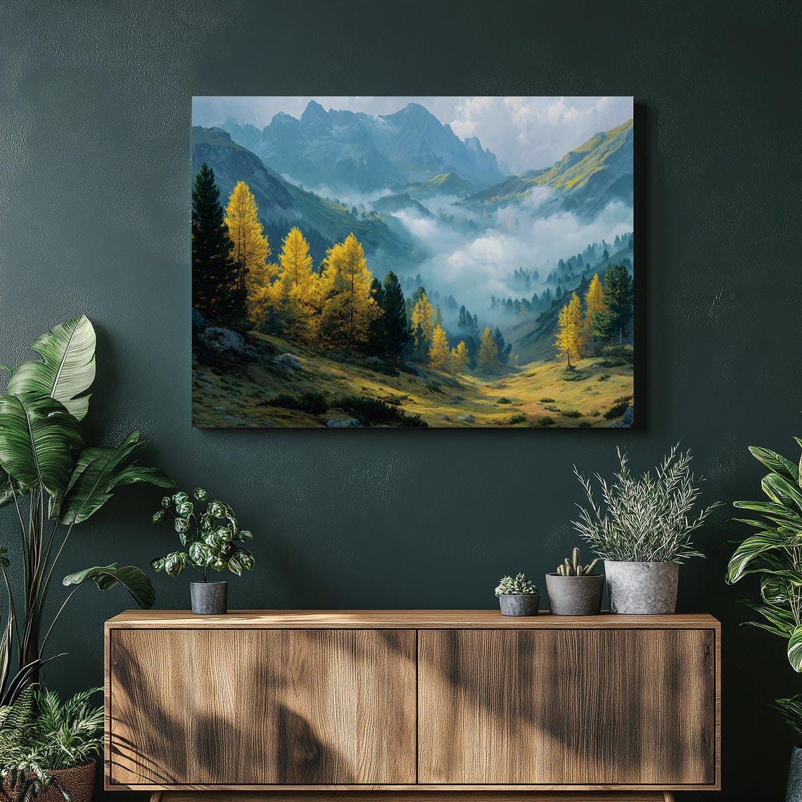 Golden Autumn Trees Misty Mountain Valley Foggy Landscape Art Print