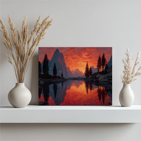 Colorful Mountain Sunset Canvas Wall Art Lake Reflection Pine Silhouettes Dramatic Sky Nature Landscape Print Large Decor