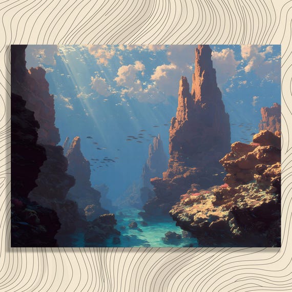 Underwater Canyon Canvas Wall Art Surreal Ocean Reef Seascape Print Blue Tropical Coral Decor Fish School Coastal Design