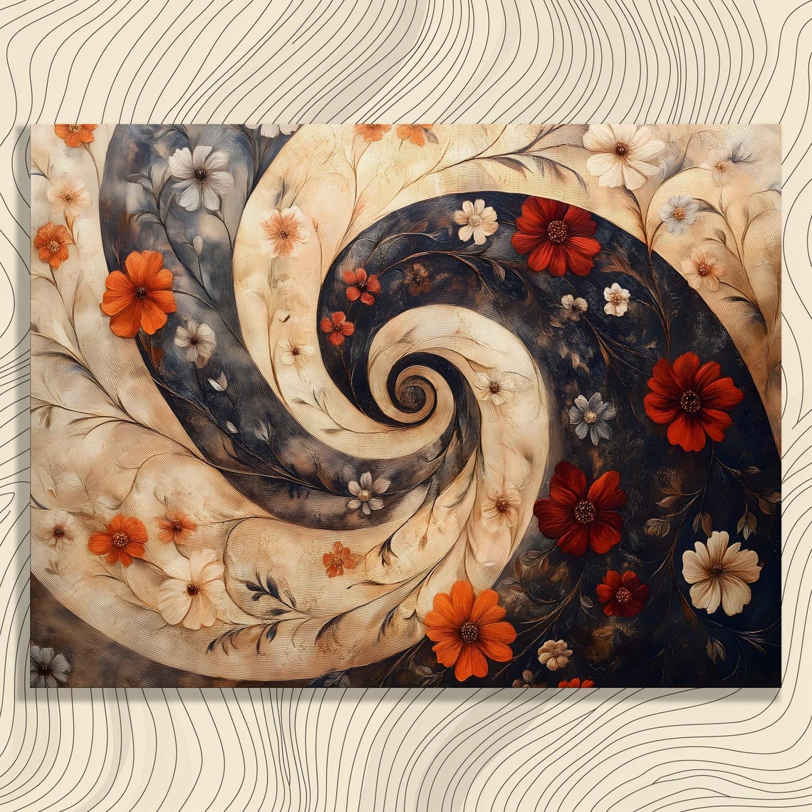Abstract Floral Swirl Spiral Red Orange Navy Botanical Wall Art