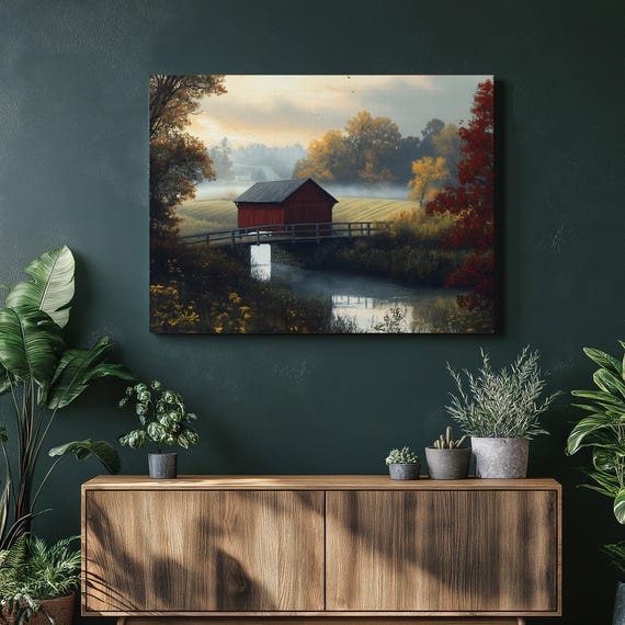 Red Covered Bridge Autumn River Misty Fall Foliage Landscape Print