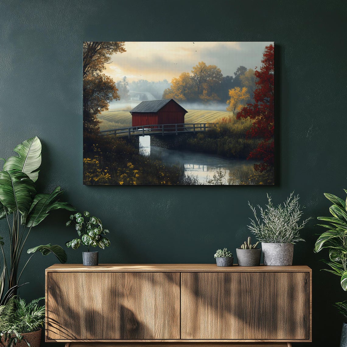 Red Covered Bridge Autumn River Misty Fall Foliage Landscape Print