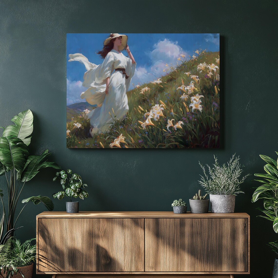 Romantic Woman in White Dress Lily Meadow Oil Painting Poster