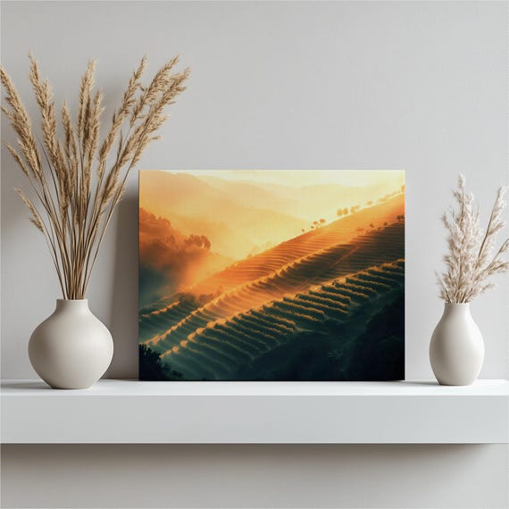 Sunrise Terraced Hills Canvas Wall Art Golden Mountain Valley Landscape Print With Misty Layers Serene Countryside Decor Glow
