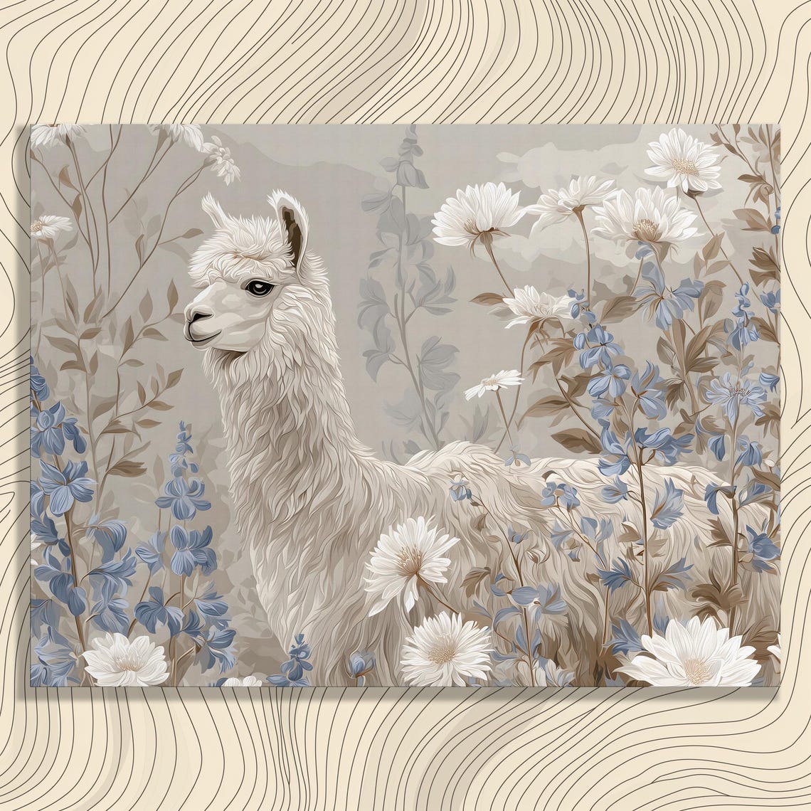 White Alpaca In Wildflower Meadow Soft Neutral Wildlife Art Poster