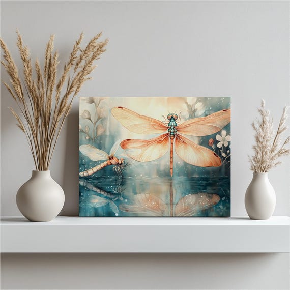 Dragonfly Reflection Canvas Wall Art Serene Pond Nature Decor With Flowers Tranquil Insect Illustration Teal Coral Tones Botanical Gift
