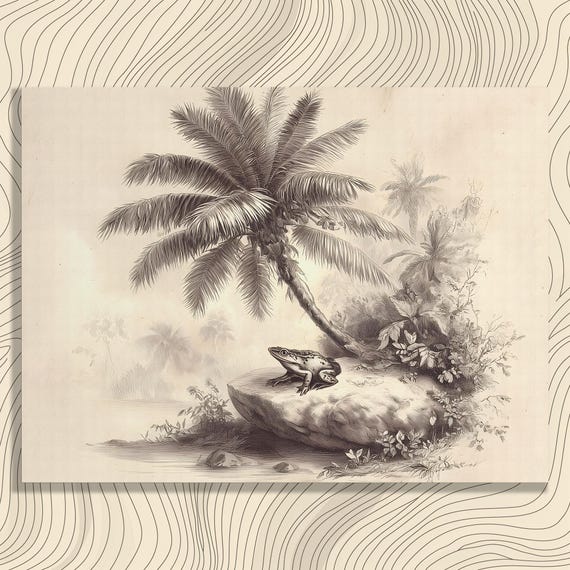Vintage Frog Jungle Canvas Wall Art Sepia Palm Tree Print Naturalist Tropical Wildlife Decor Neutral Botanical Painting Amphibian Gift
