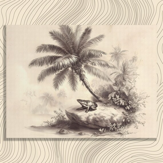 Vintage Frog Palm Jungle Sepia Engraving Naturalist Animal Art Print