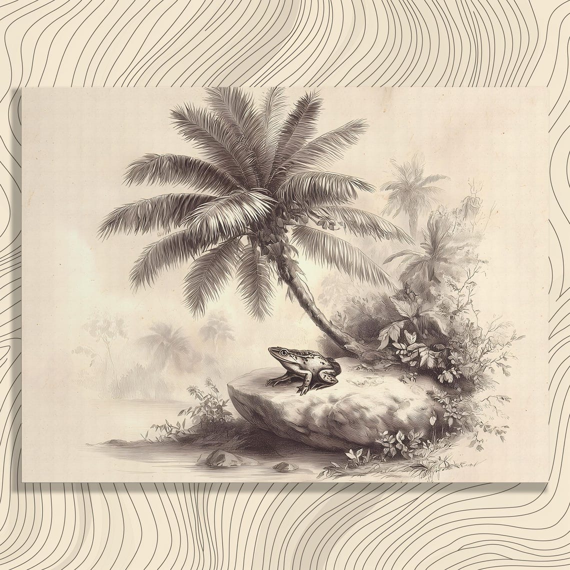 Vintage Frog Palm Jungle Sepia Engraving Naturalist Animal Art Print