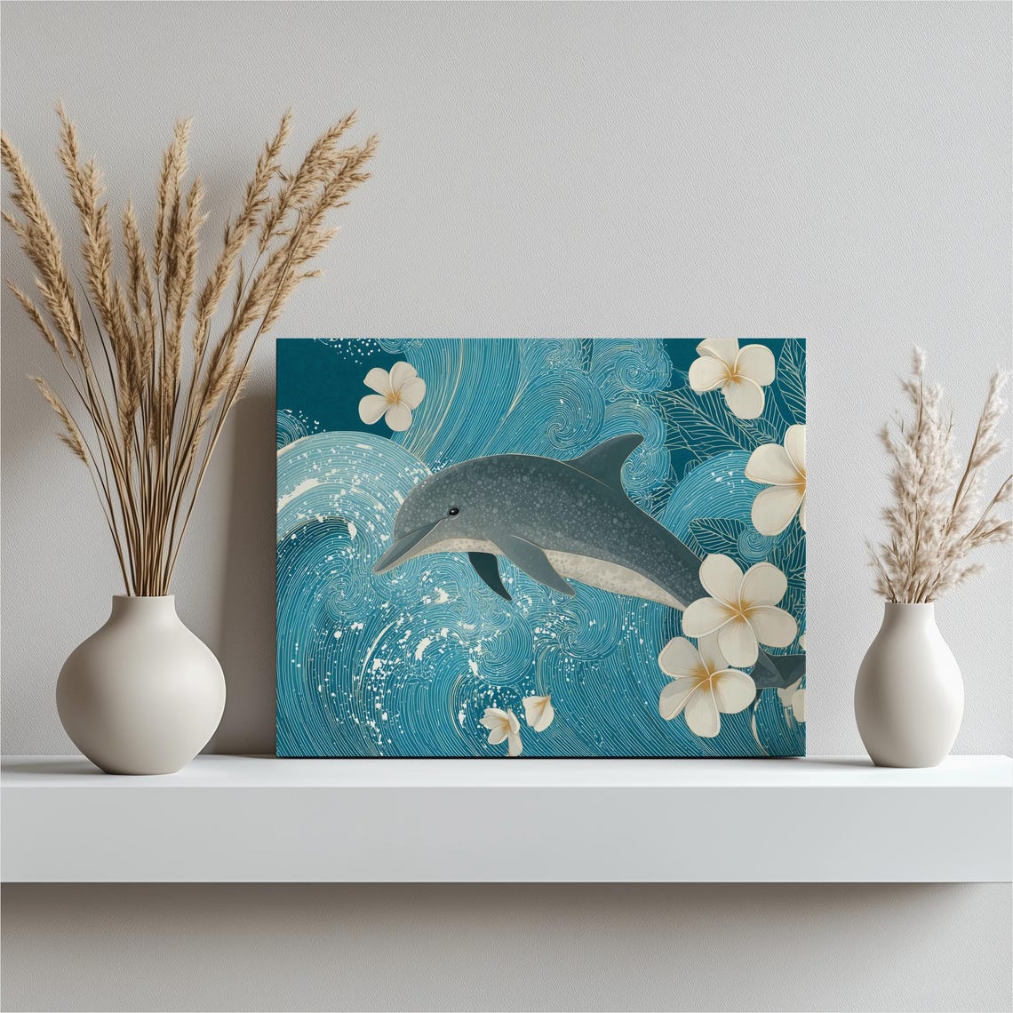 Dolphin Ocean Wave Illustration Teal Plumeria Flower Marine Wall Art