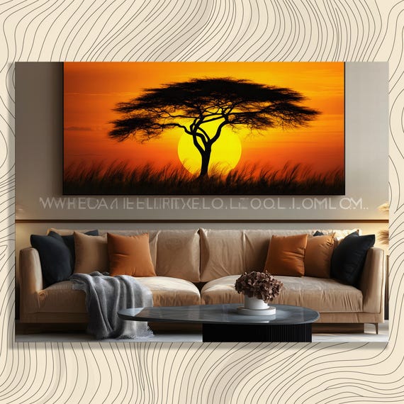 African Savanna Acacia Tree Canvas Wall Art Sunset Silhouette Landscape With Golden Sun And Tall Grass Safari Nature Decor Print