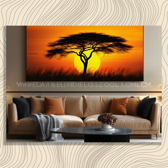 African Savanna Sunset Acacia Tree Silhouette Golden Orange Wall Art