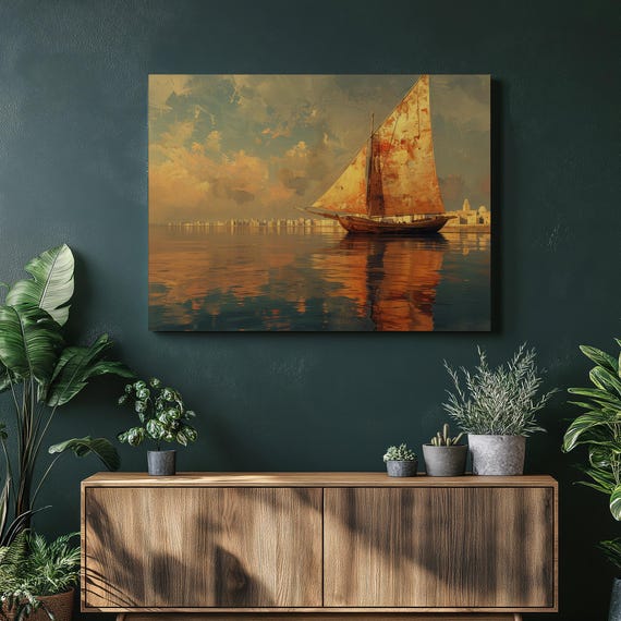 Qatar Canvas Wall Art Detailed Oil Painting Illustration Of Doha Traditional Dhow Boats High Resolution Cinematic Lighting For Bedroom