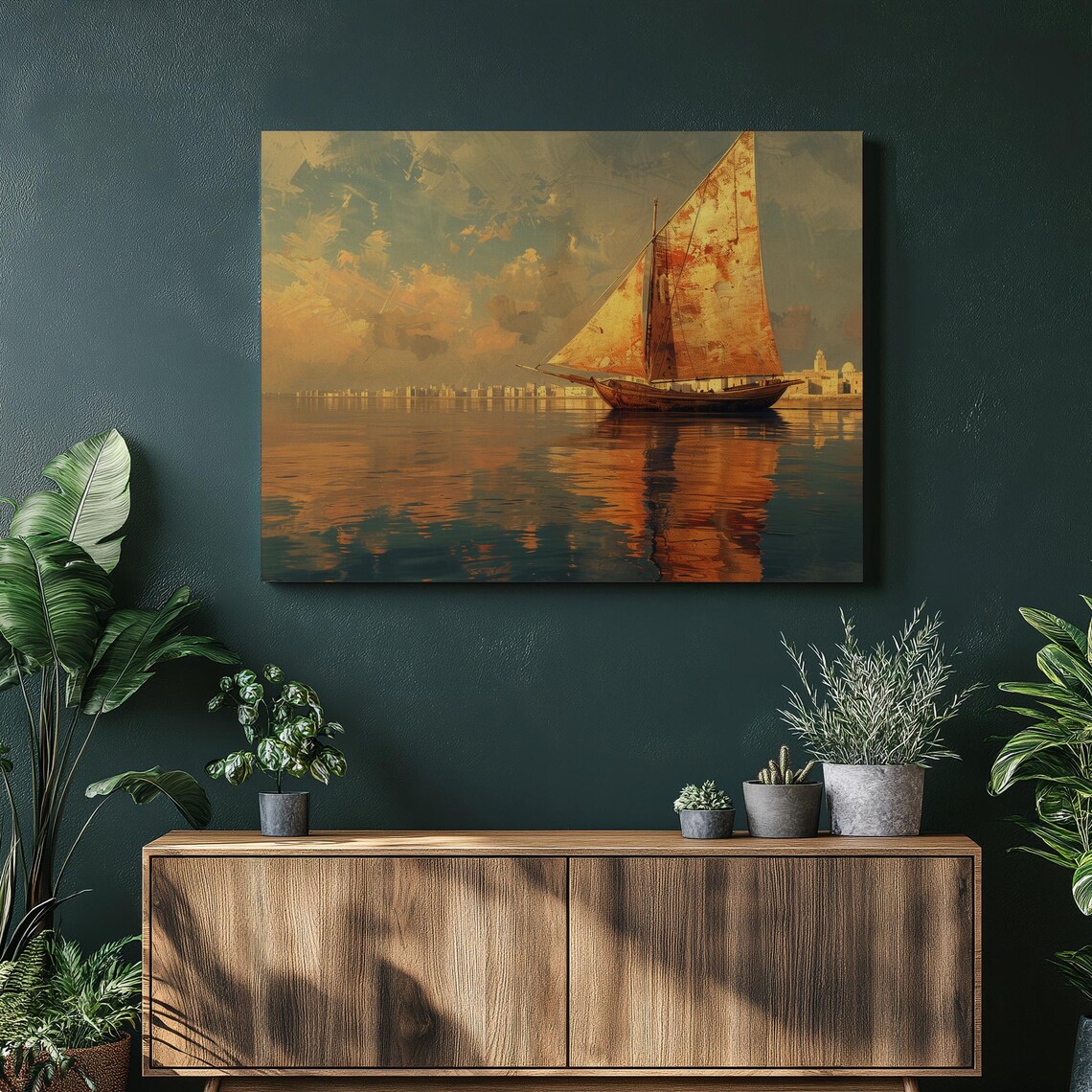 Sailboat At Golden Sunset Calm Sea Reflection Vintage Painting Poster