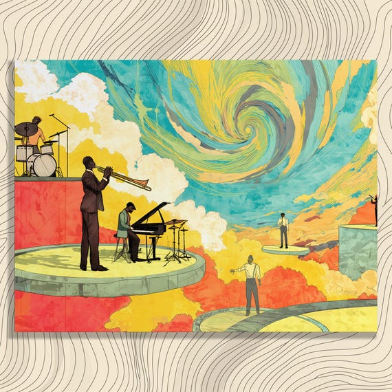 Surreal Abstract Musicians Canvas Wall Art Vibrant Colorful Jazz Performance Scene Painting For Music Lovers And Enthusiasts