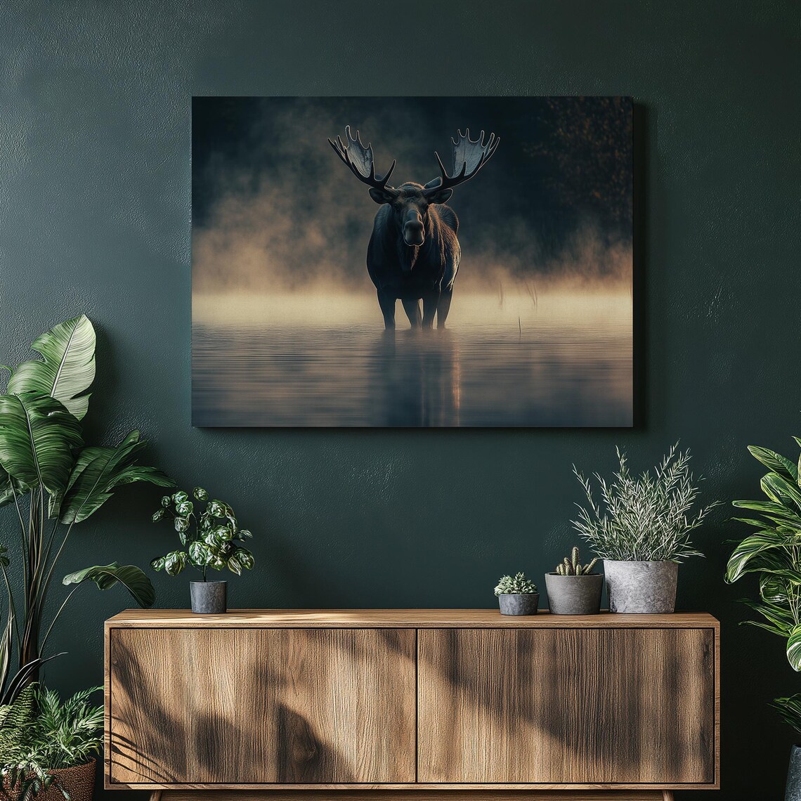 Majestic Moose Misty Lake Dawn Dark Moody Wildlife Art Poster