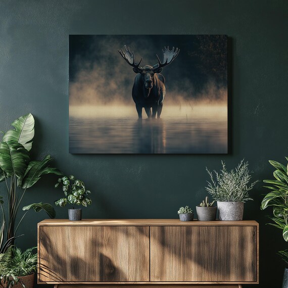Majestic Moose Canvas Wall Art Rustic Lake Painting Wildlife Nature Decor Misty Forest Reflection Print For Living Room Cabin