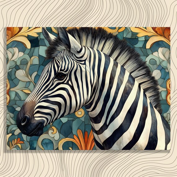 Zebra Canvas Wall Art Safari Animal Portrait With Jungle Foliage African Wildlife Decor Detailed Striped Profile Botanical Design