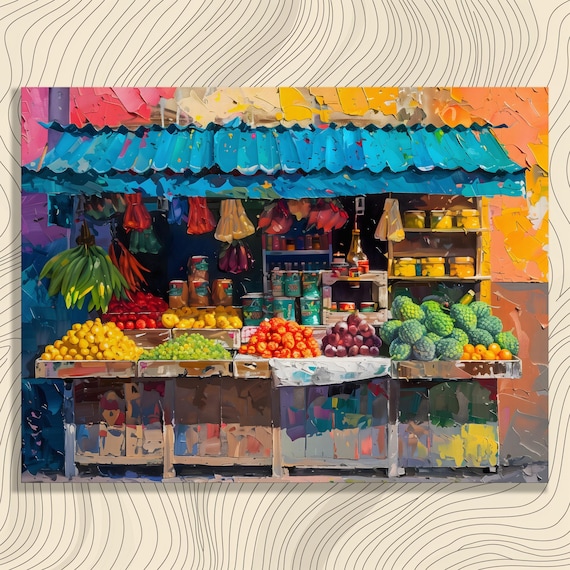 Colorful Fruit Market Stall Turquoise Awning Bold Oil Painting Poster