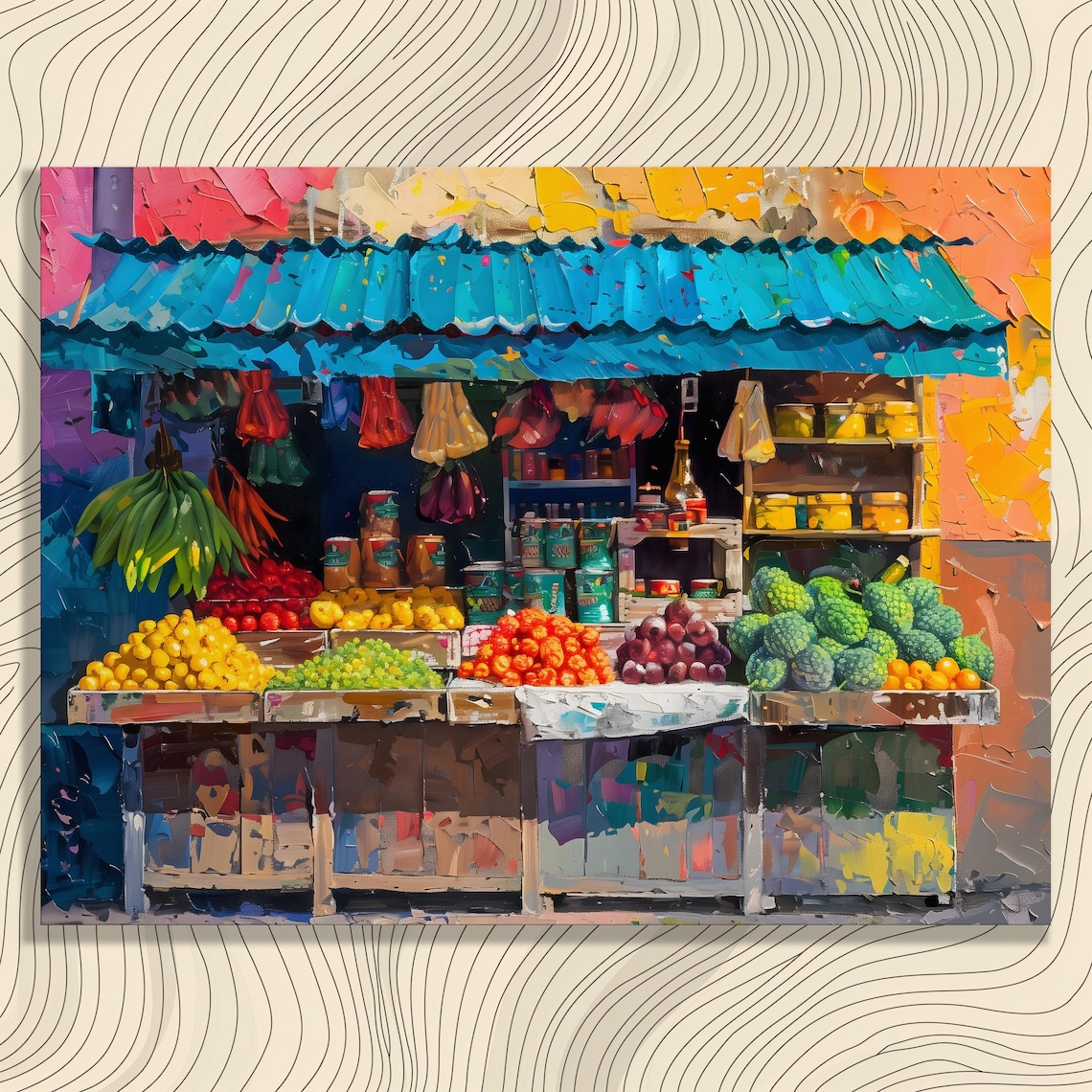 Colorful Fruit Market Stall Turquoise Awning Bold Oil Painting Poster