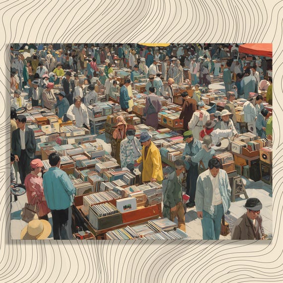 Vintage Vinyl Market Canvas Wall Art Flea Print Retro Street Scene Decor Record Store Urban Crowd Painting Music Lovers Gift