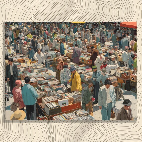 Vintage Vinyl Record Market Crowd Crate Digging Flea Illustration Poster