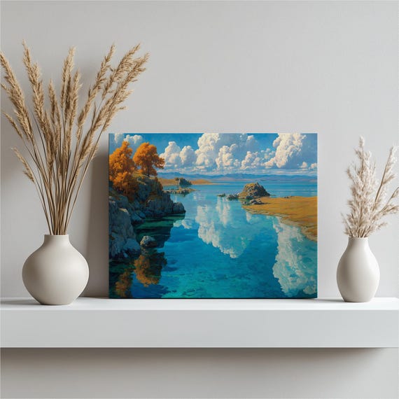 Turquoise Lake Reflection Canvas Wall Art Colorful Mountain Painting Print Autumn Trees And Clouds Water Landscape Decor Gift