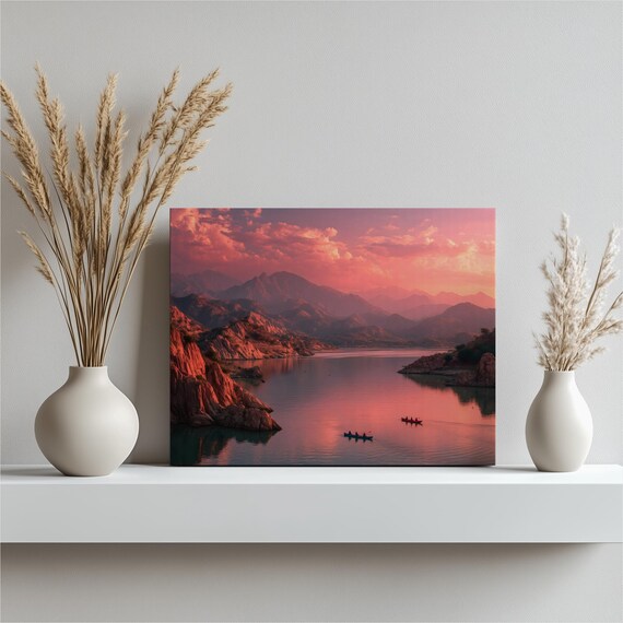 Pink Sunset Mountain Lake Canoes Serene Nature Landscape Art Poster