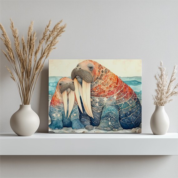 Walrus Mother and Calf Mosaic Watercolor Arctic Nursery Wall Art