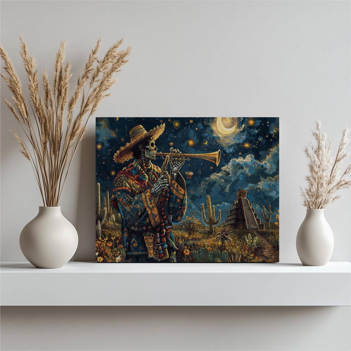 Mexican Skeleton Mariachi Trumpet Night Pyramid Day of Dead Poster