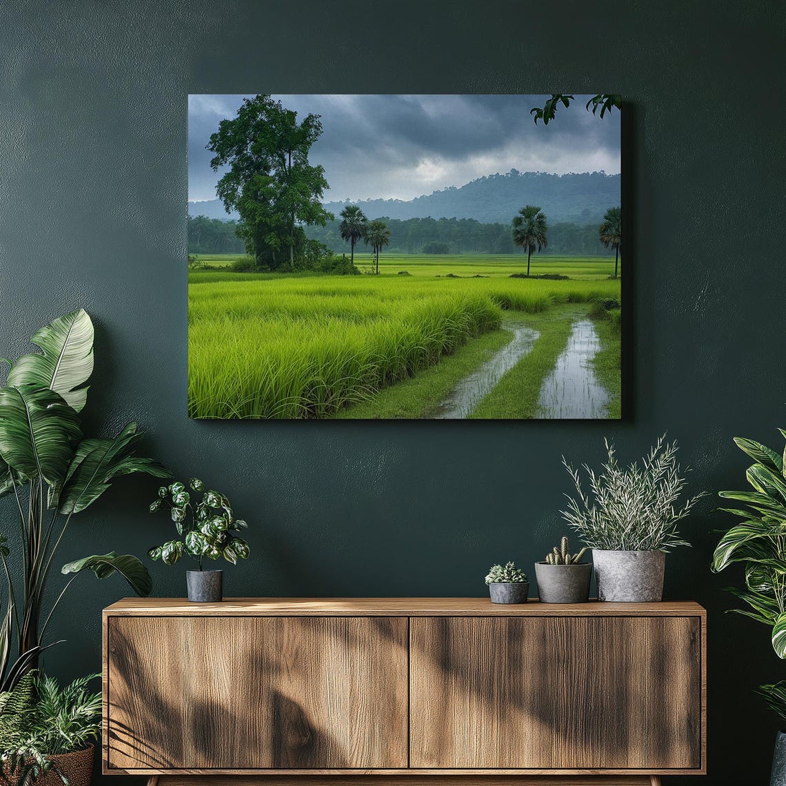 Bangladesh Green Rice Paddy Field Palm Trees Landscape Poster