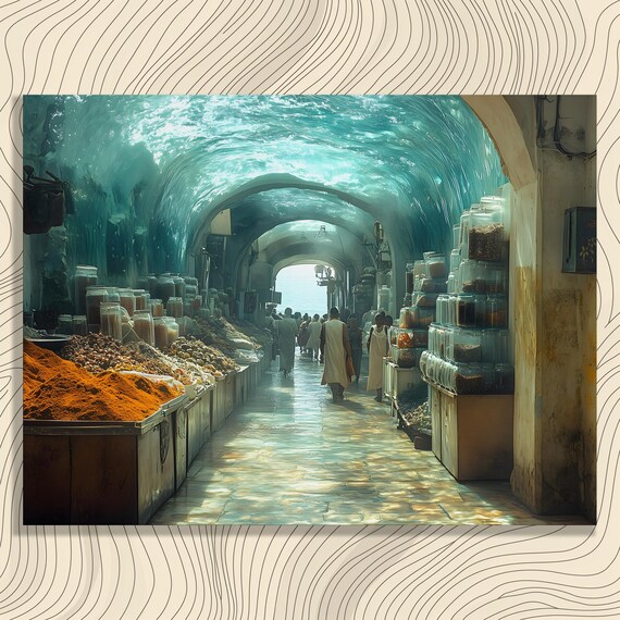 Underwater Spice Market Canvas Wall Art Surreal Abstract Ocean Wave Bohemian Print Home Decor Unique Gift For Enthusiasts