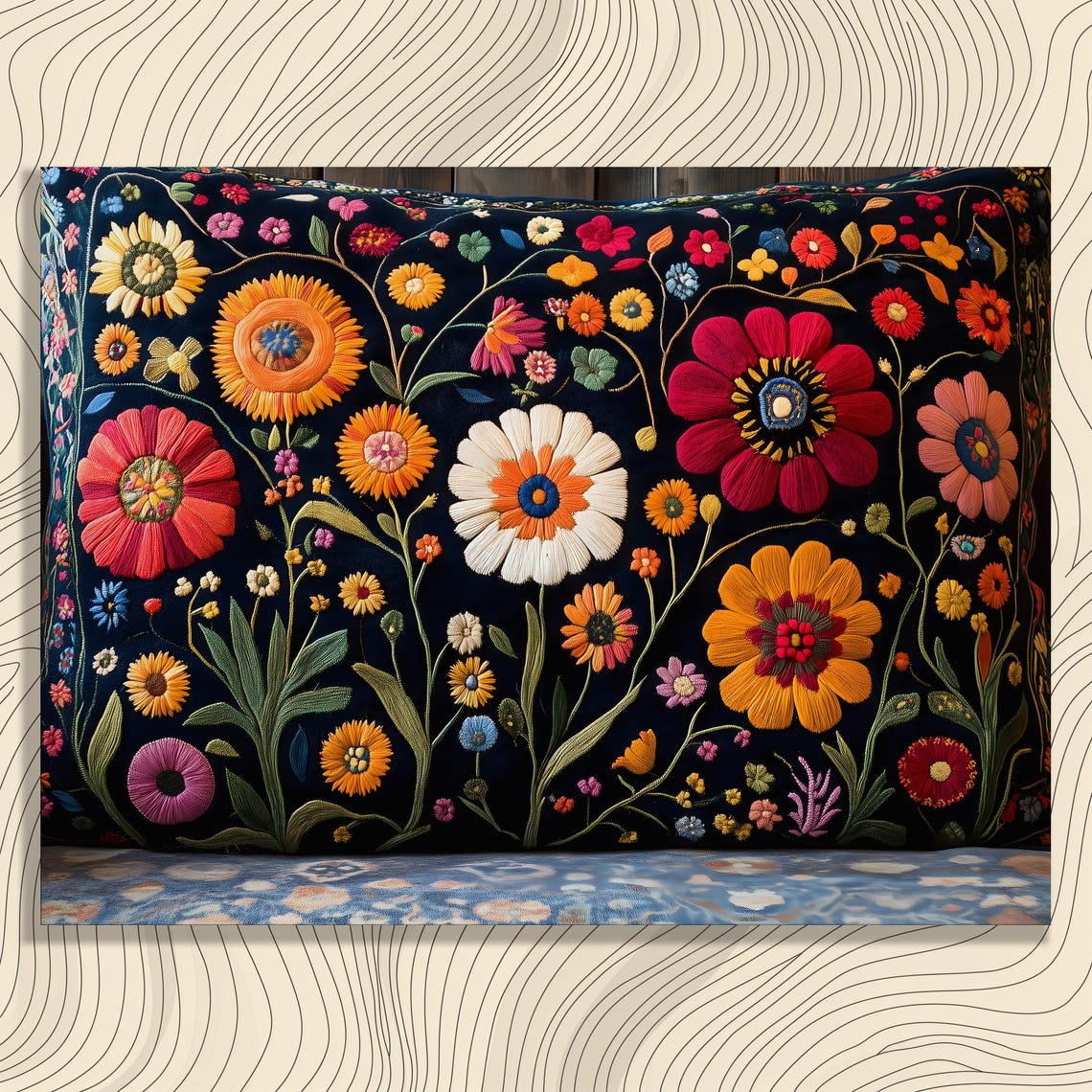 Colorful Embroidered Flowers Folk Art on Dark Navy Background Poster