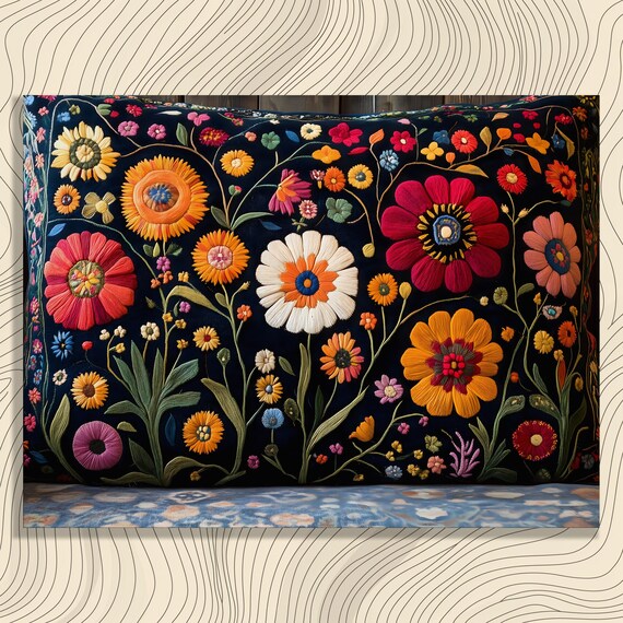 Colorful Embroidered Flowers Folk Art on Dark Navy Background Poster