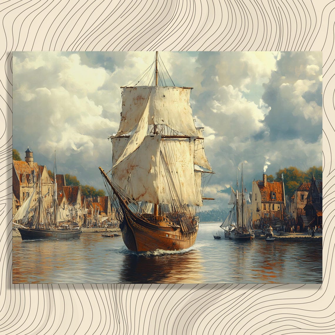 Classic Tall Ship Harbor Oil Painting White Sails Historic Port Poster
