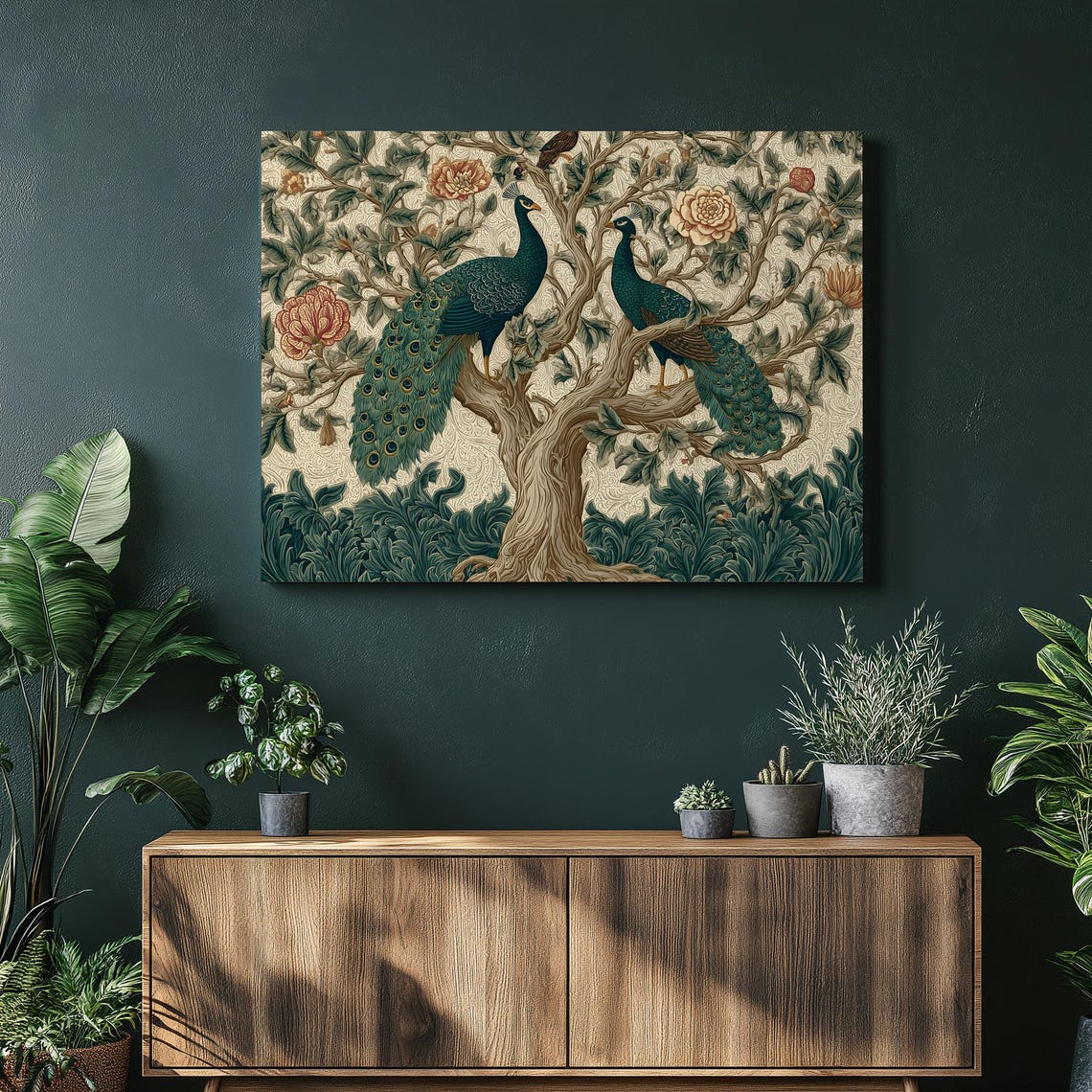 Peacock Botanical Canvas Wall Art Nouveau Peony Illustration Flowering Tree Vintage Nature Artwork Boho