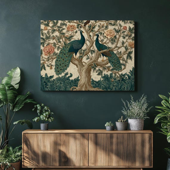 Peacock Botanical Canvas Wall Art Nouveau Peony Illustration Flowering Tree Vintage Nature Artwork Boho